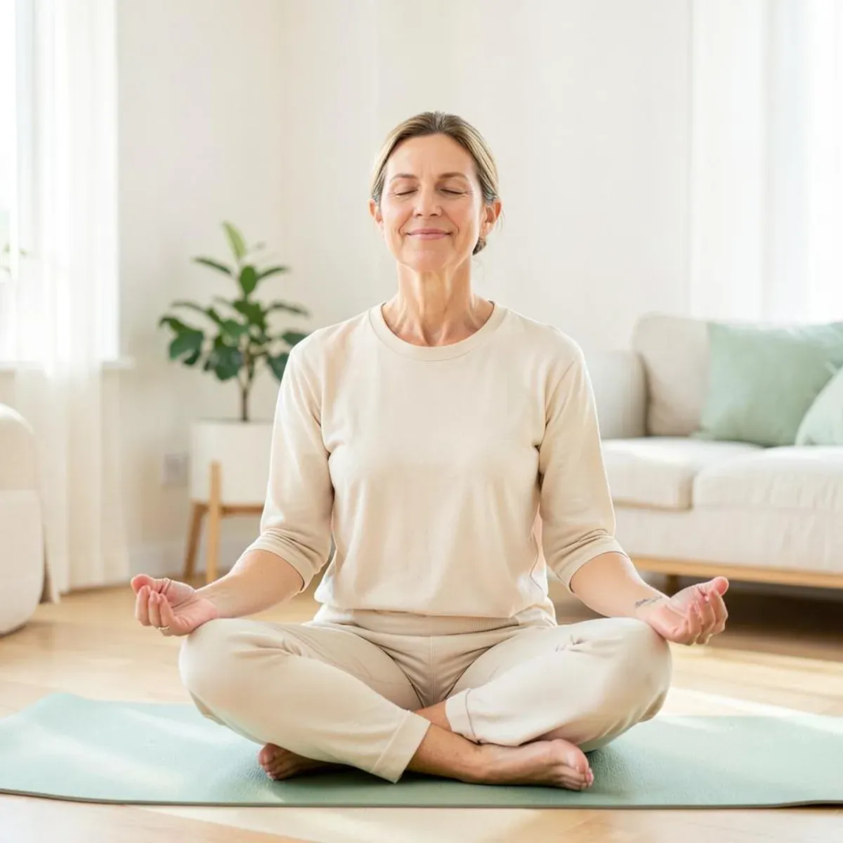 Mulher meditando sentada em tapete em uma sala clara