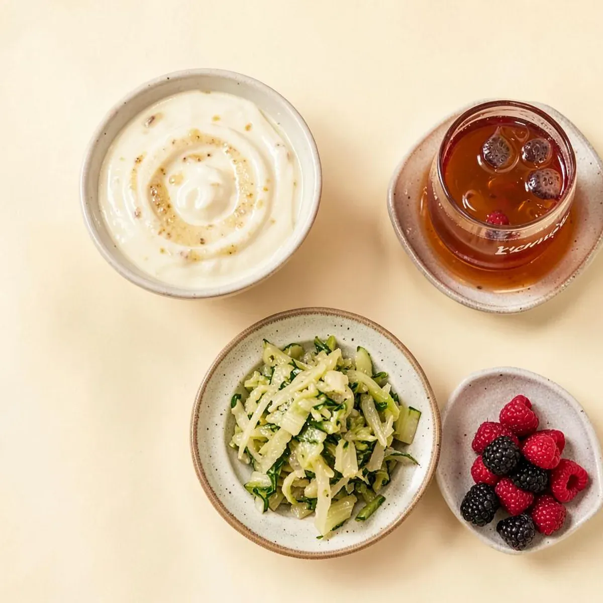 Porções de iogurte, vegetais, bebida e frutas vermelhas sobre uma mesa
