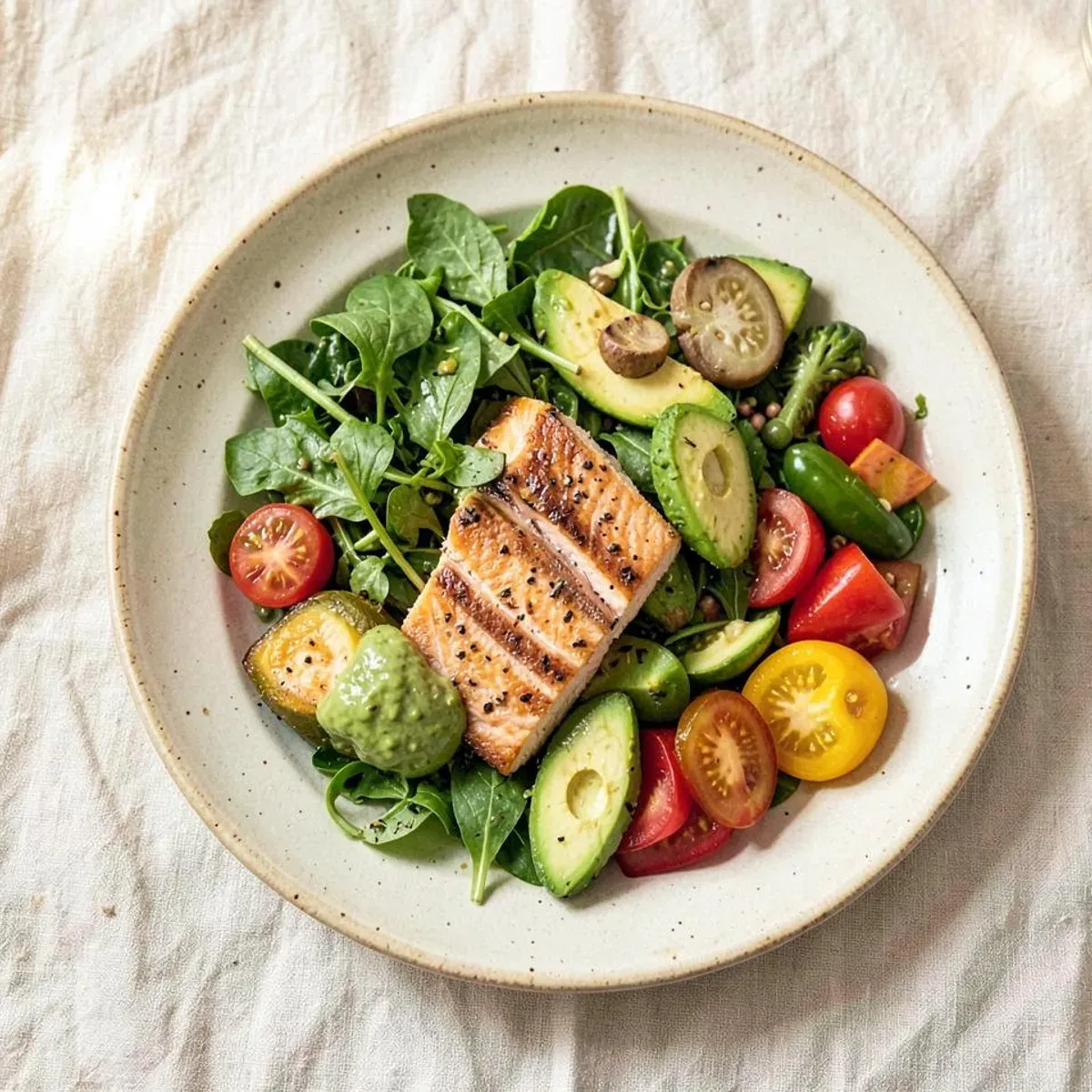 Prato com salmão, abacate, folhas e vegetais